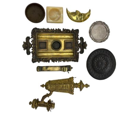 Victorian embossed gilt brass Colza wall light with scroll arm, H31cm, provenance Sotheby's Auction, July 1995, Islamic scrib