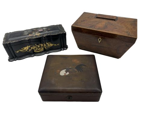 Victorian rosewood two-division tea caddy with bone escutcheon, Victorian papier mache glove box in the style of Jennens & Be