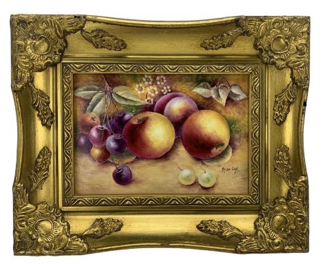 Porcelain plaque painted with fruit, flowers and leaves by the Royal Worcester artist Bryan Cox 11cm x 16cm in a gilt frame 