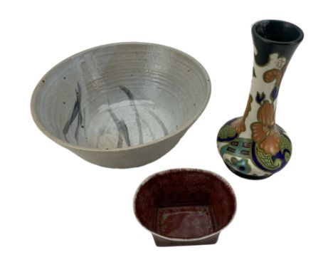 Oiva Toikka for Rörstrand, rectangular section bowl with flared rim and red mottled glaze, L11cm, Gouda vase and a studio pot