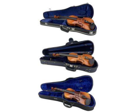 Anton Klier German violin and bow L35cm excluding button, cased, another modern violin in Stentor case and another (3)