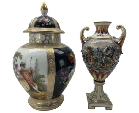 Continental porcelain vase and cover, decorated in the style of Augusts Rex, with alternating panels of courting couples and 