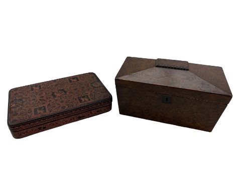 Regency yew wood tea caddy, the interior with two covered containers and bowl recess W29cm and a Burmese lacquered box with h