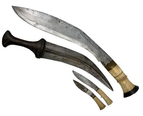 Arab dagger with horn grip and leather sheath, blade length 22cm and a Kukri with brass pommel, bone handle and skinning kniv