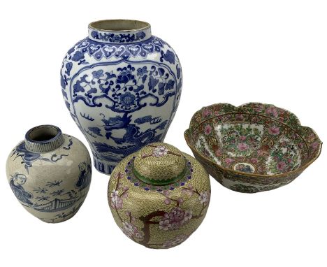 Chinese blue and white vase/ lamp base, H30cm, Chinese blue and white jar, Cloisonne ginger jar and a Canton famille rose bow