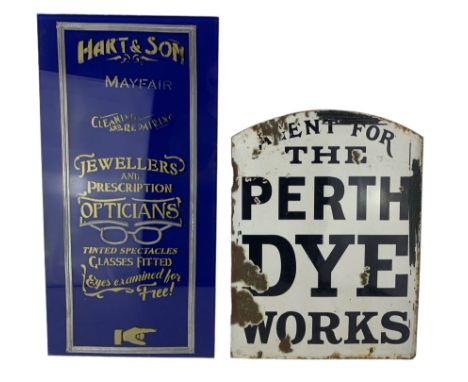 Enamel single sided sign 'Agent for the Perth Dye Works' 46cm x 34cm and a blue glass advertising panel 'Hart & Son Mayfair, 