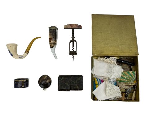 Vintage mechanical corkscrew, lace edged and embroidered handkerchiefs, two Continental ceramic pipes, two Platignum Cadet fo