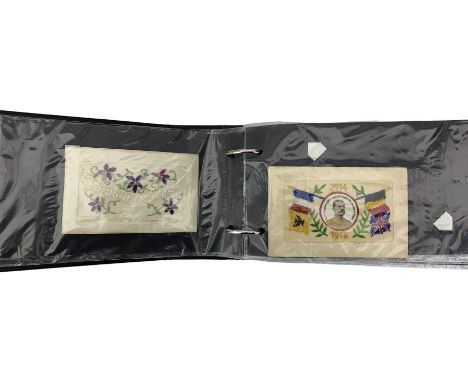 Ring binder and contents of  WWI silks including 1914-1915 card with portrait of Lord Kitchener, another Le Marechal French, 