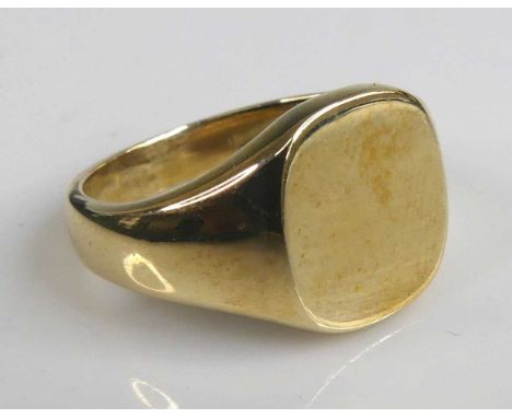 A 9ct yellow gold 12 x 11mm cushion shaped signet ring, size K½, gross weight 6.4g, hallmarked 9ct, Sheffield import, no date