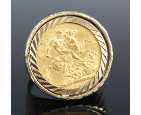 A modern 9ct gold gent's ring, set with a Victorian gold full sovereign dated 1891, 15.7g, size VNo hallmarks.Some surface sc