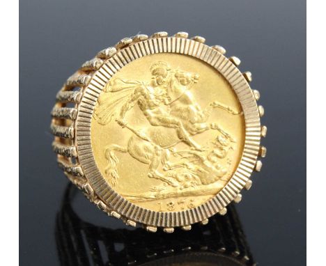 A modern 9ct gold gent's ring, set with a Victorian gold full sovereign dated 1876, 15.7g, size S