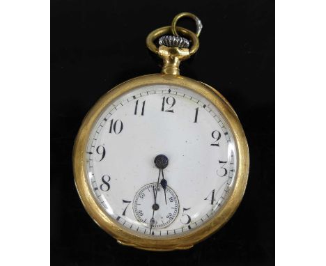 An Omega 18ct gold cased open face pocket watch having a signed white enamel Arabic dial with subsidiary seconds dial, keyles
