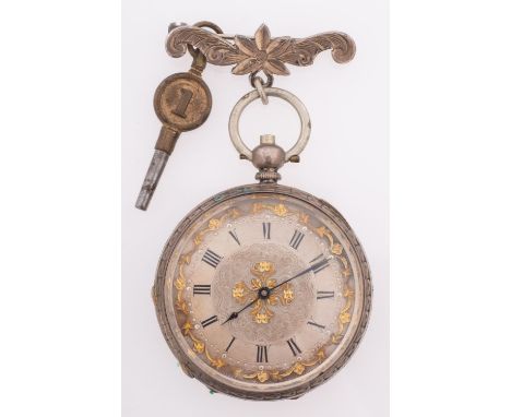 A silver open-faced pocket watch the two-tone dial engraved with floral decoration, with black Roman numerals and spade hands