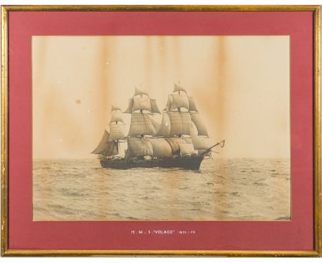 A black and white photograph of the Royal Navy Corvette HMS Volage: inscribed to mount 'HMS Volage 1875-79' framed and glazed