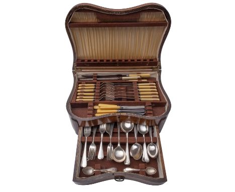 A mid century oak cased canteen of Old English pattern silver plated flatware, with a box of mixed silver plated flatware, (a