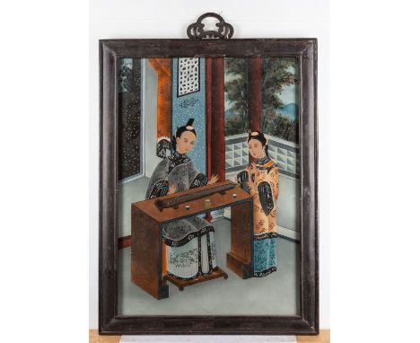 A Chinese reverse painting on glass, depicting a courtesan and attendant playing a game within an interior, 44 x 31cm.
