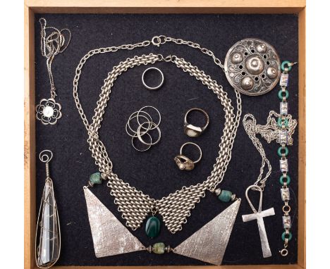 A 1940's collar necklace, another 1970's, Scandinavian target brooch, silver mother of pearl centurion ring and other items 