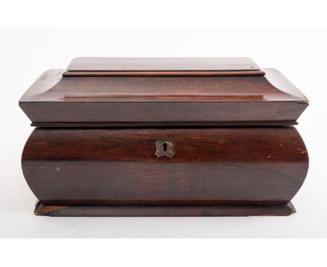 A Victorian rosewood tea caddy, mid 19th century; of bombe sarcophagus form, the interior with associated glass bowl; 19cm hi