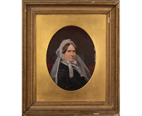 British School (19th Century), A Victorian portrait of a seated lady, perhaps Janet Drummond, oil on paper, 27 x 21.5cm overa