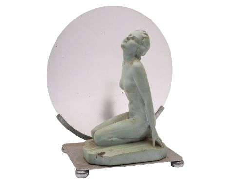 A painted plaster mounted figural table lamp in Art Deco style, circa 1930; modelled with a kneeling female nude, inscribed R