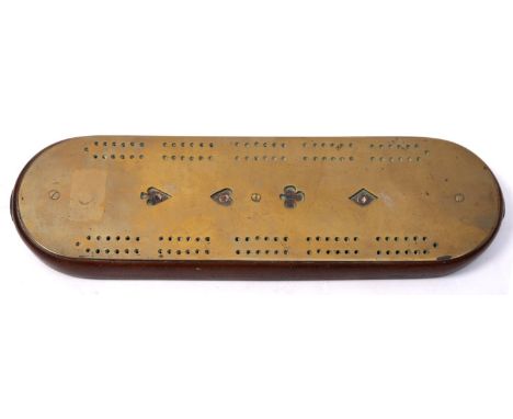 A late 19th century brass and mahogany cribbage board, 32cm long.
