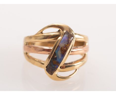 A Vintage abstract design dress ring set with a section of boulder opal, 9ct gold, 