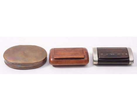 A 19th century treen snuff box, of plain rectangular outline, an oval copper snuff box and cover and a 19th century rosewood 