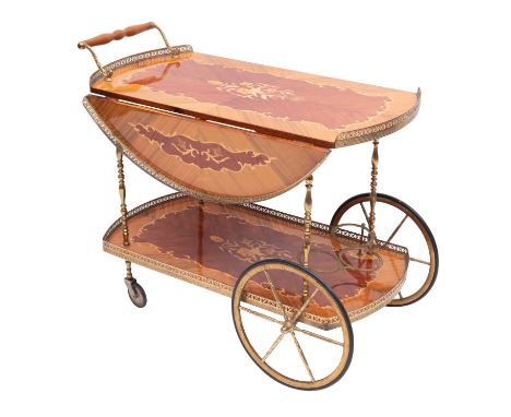 A Sorrentoware marquetry and gilt metal mounted cocktail wagon, mid 20th century; the top and  shelf below decorated with flo