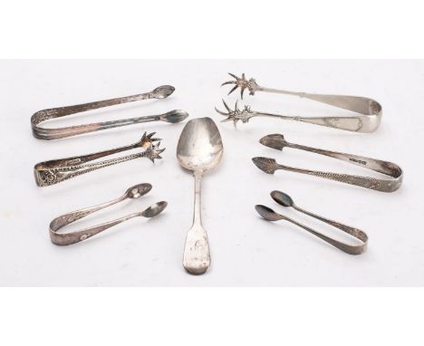 A silver dessert spoon and a pair of Old Sheffield plates sugar tongs and five others- silver spoon- 29g