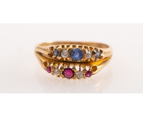 A sapphire and diamond and ruby and diamond split band ring, 18ct gold, 3.9 grams, Ring size O  