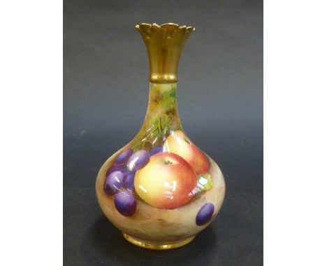A ROYAL WORCESTER FRUIT PAINTED VASE, dated 1937, of bottle shape with flared rim picked out gilt, painted in colours with ap