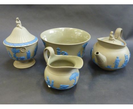 A SMALL COLLECTION OF WEDGWOOD DRAB WARE, with blue cameo decoration comprising teapot and cover, sucrier and cover, milk jug