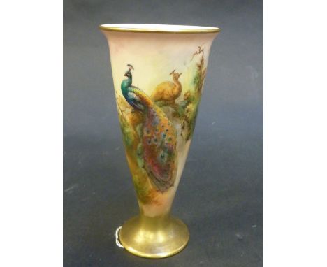A ROYAL WORCESTER VASE, date c.1918, shape 2601, signed Sedgley, decorated with peacocks in pine branches, puce printed marks