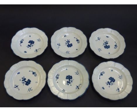 A SET OF SIX WORCESTER FIRST PERIOD PLATES, circa 1775-85, of lobed circular shape with basket weave moulded rims, printed in