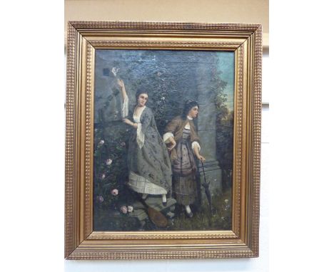 K REINLGATD ?, two young ladies, one delivering a love letter, oil on canvas, signed and dated (18)78 lower left, 52cm x 40cm
