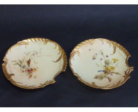 A PAIR OF ROYAL WORCESTER DESSERT OR CABINET PLATES BY EDWARD RABY, dated 1893, of Rococo outline with gilt moulded rim, pain