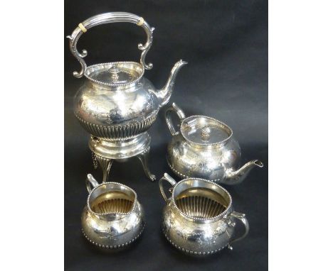 A LATE VICTORIAN SILVER FOUR-PIECE TEA SERVICE, Henry Wigfull, Sheffield 1894, of globe shape with gadrooned bases, bright cu