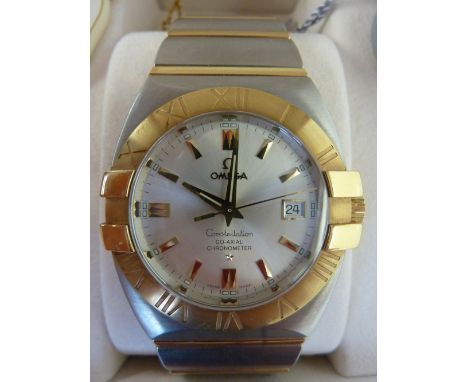 A STAINLESS STEEL TWO TONE OMEGA 'CONSTELLATION CO-AXIAL CHRONOMETER', Ref 12033000 watch No.80467620, in original box, certi