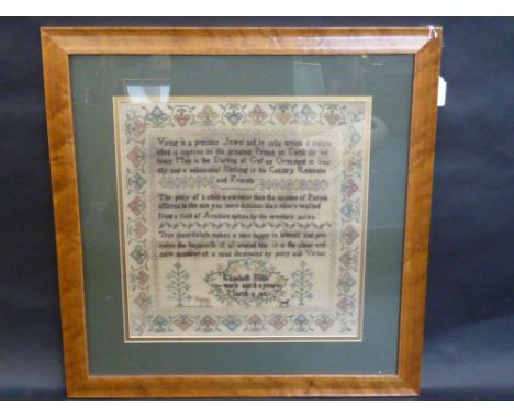 AN EARLY 19TH CENTURY SAMPLER, by Elizabeth Mills, dated 1812, worked with three proverbs separated by foliate bands above tr