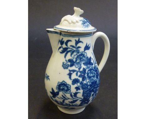 A WORCESTER FIRST PERIOD SPARROW BEAK JUG AND COVER, circa 1770, of typical ovoid shape with loop handle and flower finial, p