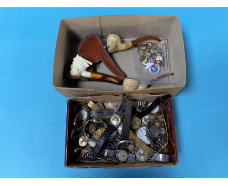 Various watches, Meerschaum pipes, two silver pens, and enamel pins etc.