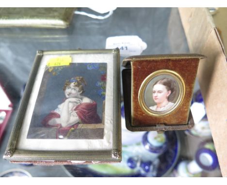 A Victorian portrait miniature of a lady, unsigned 3.8cm x 2.2cm in a fitted green leather case, and a coloured engraving of 