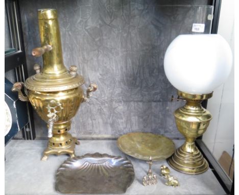 A Russian brass samovar 48cm high, a brass oil lamp and other brassware