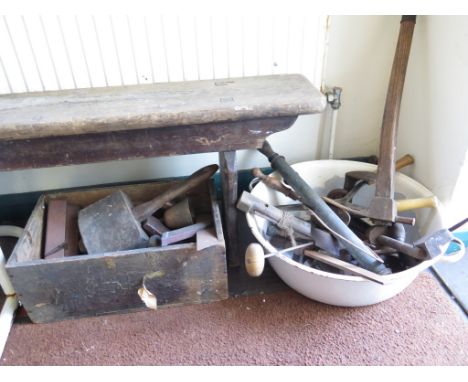 Various woodworking tools including planes, mallets and markers, other tools and a shoe last