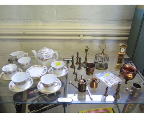 A Painted Edwardian 'one up one down' dolls house, 33cm wide, 70cm high, various brass miniature candlesticks and furnishings