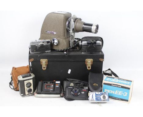 Photography - A collection of cameras including Olympus Pen EE3, Canon and other and an Aldis projector in case.