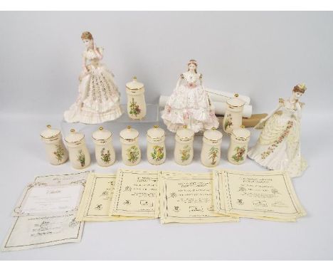Three Royal Worcester lady figures two of which are from the Splendour At Court series for Compton &amp; Woodhouse sculpted b