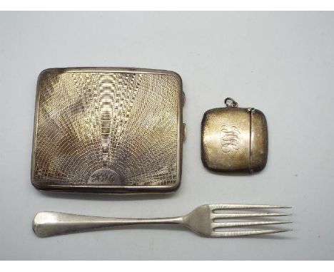 Silver group to include cigarette case with engine turned decoration, vesta case and fork, approximately 209 grams / 6.7 ozt