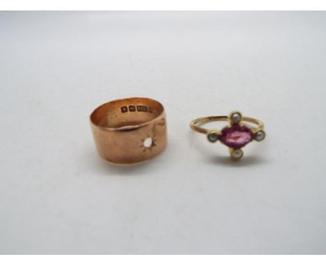 A 9ct rose gold band ring (stone lacking), size N and a stone set ring stamped 9ct, size K+½, approximately 4.9 grams all in.