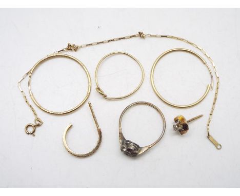 Scrap Gold - Lot to include a stone set ring (1 stone lacking), marked 9ct Shank, size K, two gold earrings (not a pair), bra